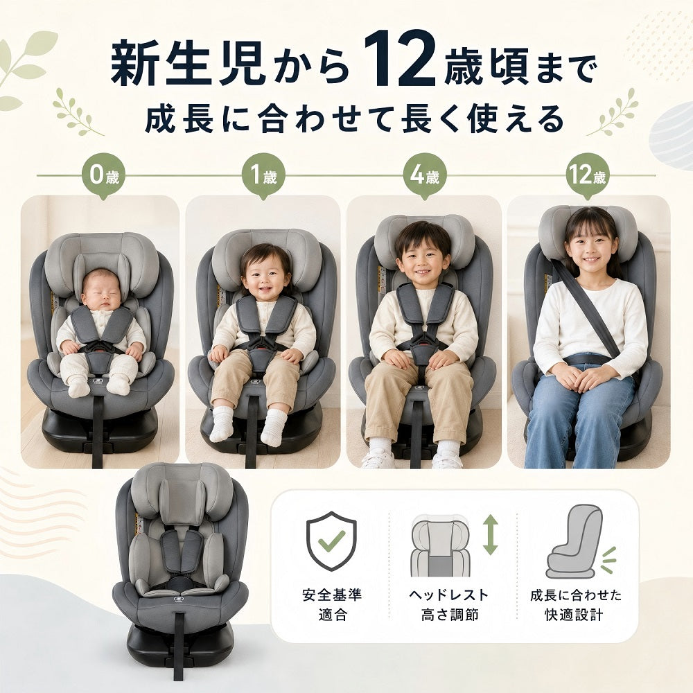 チャイルドシートジュニアシート 新生児～12歳まで長く使える 360度回転 ISOFIX対応 足踏みとサポートレッグ付き 5年保証
