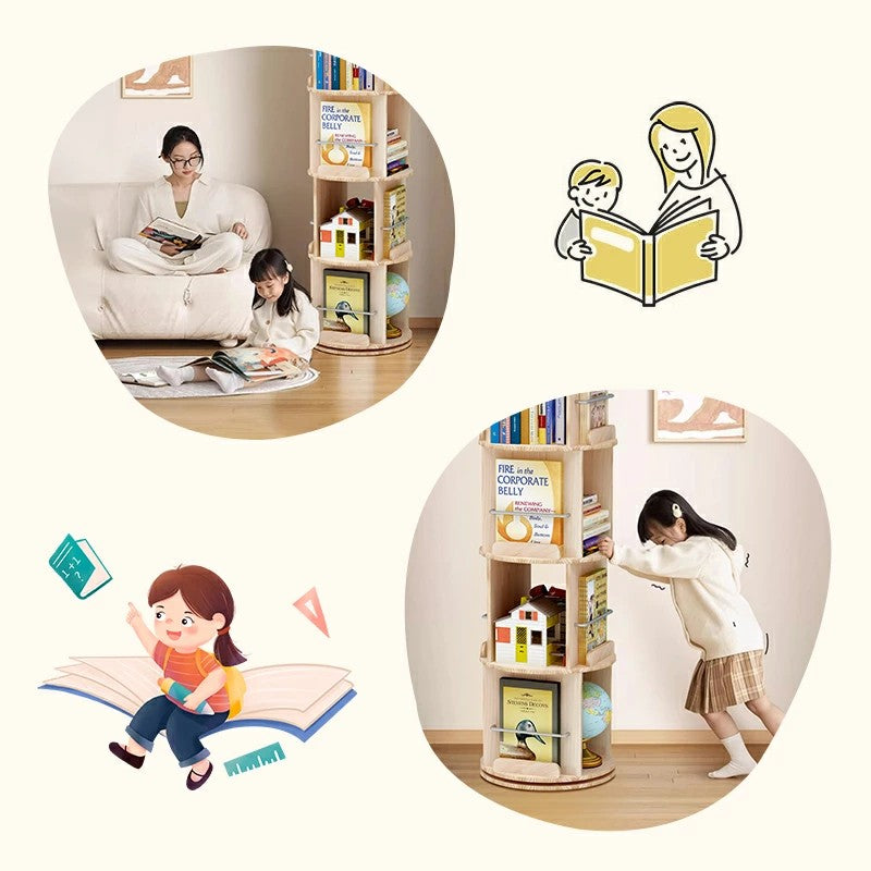 HZDMJ 本棚 スリム 回転式本棚 天然木製 360°回転 キャスター付き コミックラック 絵本棚 収納 棚 ラック
